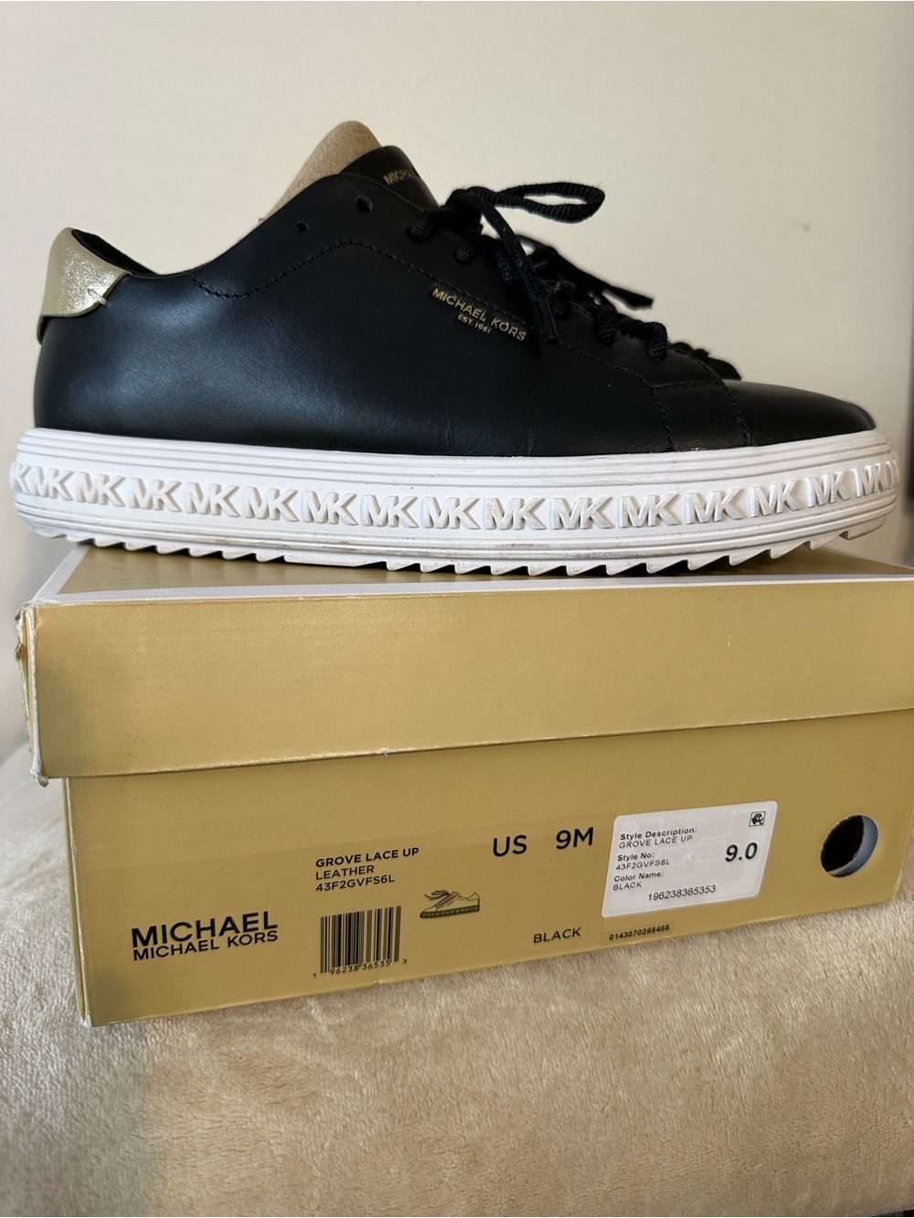 Michael Kors Black Leather  Grove Lace-Up Sneakers with White MK-Trim Sole - Picture 3 of 6